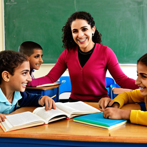Home 4 **Image Prompt:** A diverse group of children in a brightly colored classroom in Palestine, with a female teacher smiling as she helps a student. Depict textbooks and educational materials prominently. The scene should convey hope and resilience amidst challenging circumstances.