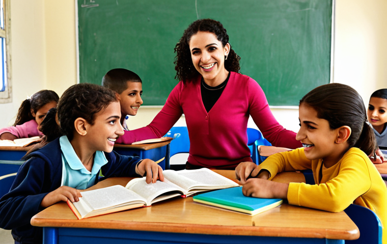 **Image Prompt:** A diverse group of children in a brightly colored classroom in Palestine, with a female teacher smiling as she helps a student. Depict textbooks and educational materials prominently. The scene should convey hope and resilience amidst challenging circumstances.