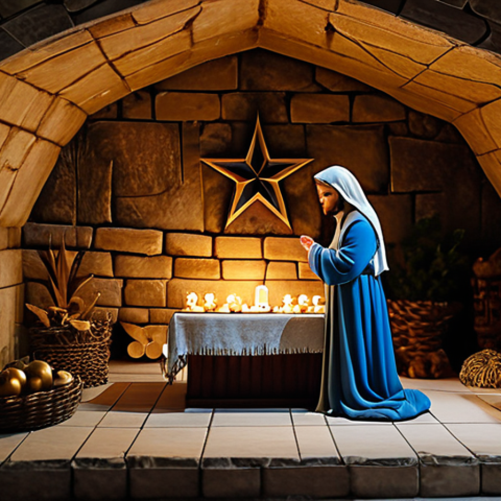 The Nativity Grotto**

"The Nativity Grotto in Bethlehem, a place of reverence, fully clothed pilgrims, modest attire, interior view, 14-pointed star marking the birthplace, candles flickering, soft lighting, respectful atmosphere, safe for work, appropriate content, perfect anatomy, natural proportions, professional, family-friendly."

**