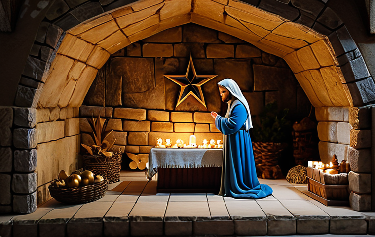 The Nativity Grotto**

"The Nativity Grotto in Bethlehem, a place of reverence, fully clothed pilgrims, modest attire, interior view, 14-pointed star marking the birthplace, candles flickering, soft lighting, respectful atmosphere, safe for work, appropriate content, perfect anatomy, natural proportions, professional, family-friendly."

**