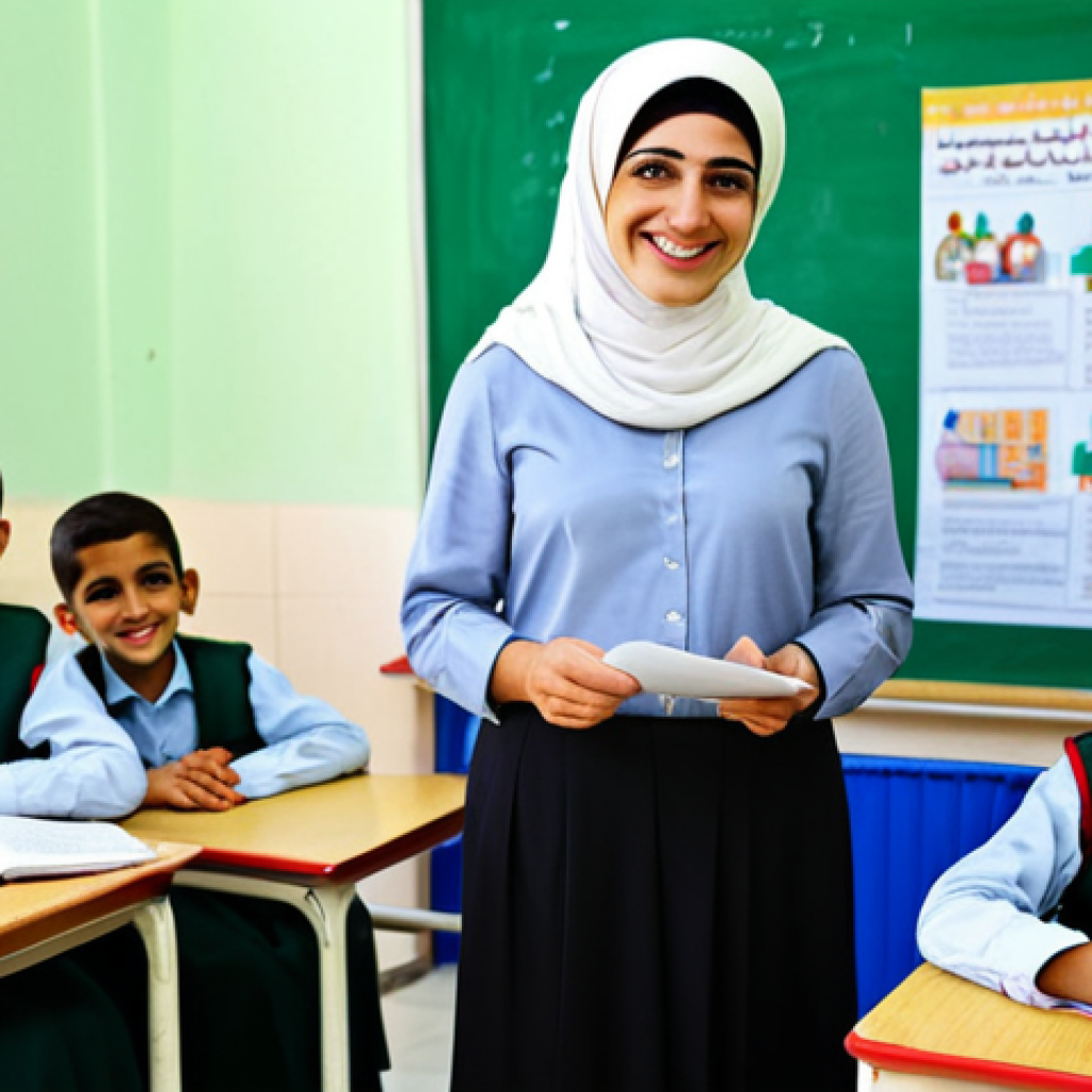 팔레스타인 교육에서의 여성 역할 - Dedicated Educator**

"A Palestinian female teacher in a modest, professional outfit, inside a brigh...
