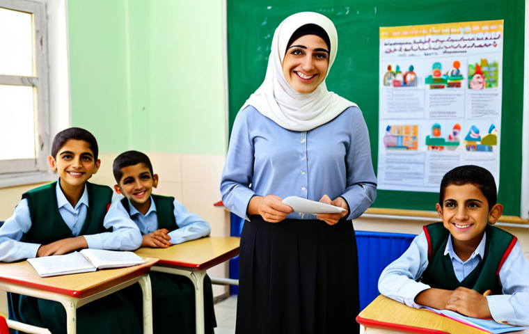 팔레스타인 교육에서의 여성 역할 - Dedicated Educator**

"A Palestinian female teacher in a modest, professional outfit, inside a brigh...