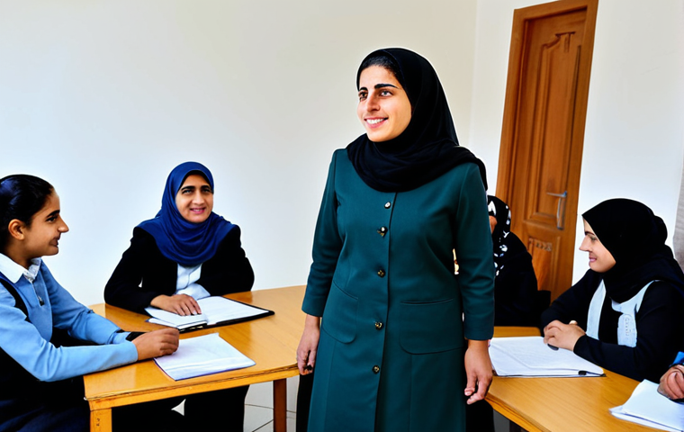 팔레스타인 교육에서의 여성 역할 - Digital Empowerment**

"A Palestinian female teacher in a modern, simple dress, assisting a group of...