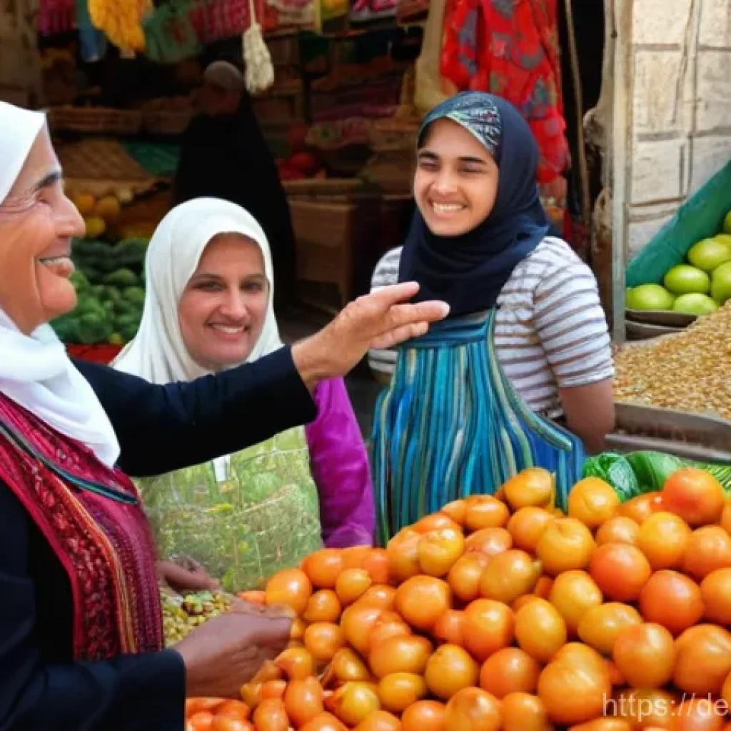 팔레스타인 언어와 방언 - **Prompt: "A bustling open-air market in Nablus, Palestine, filled with vibrant colors and lively ac...