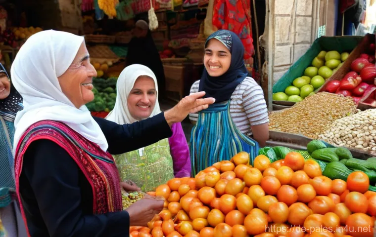 팔레스타인 언어와 방언 - **Prompt: "A bustling open-air market in Nablus, Palestine, filled with vibrant colors and lively ac...