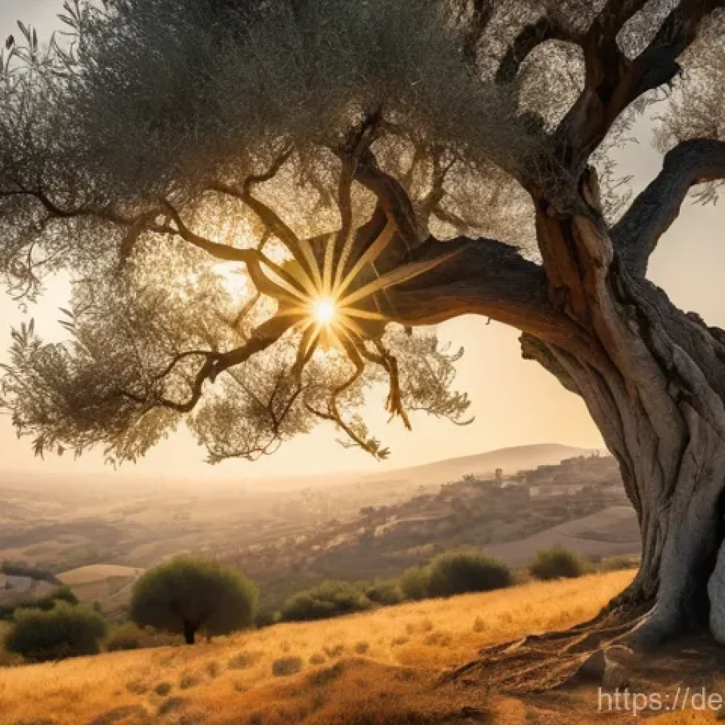 팔레스타인과 올리브 나무의 상징성 - **Prompt:** An ancient, gnarled olive tree stands majestically on a gentle hill in a sun-drenched Pa...