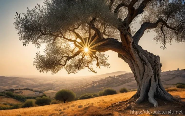 팔레스타인과 올리브 나무의 상징성 - **Prompt:** An ancient, gnarled olive tree stands majestically on a gentle hill in a sun-drenched Pa...