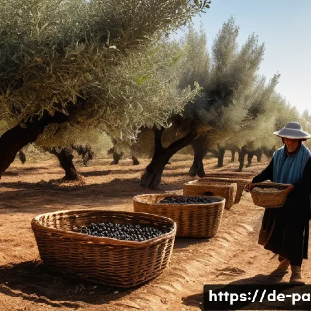 팔레스타인 올리브유 생산 과정 - A serene early morning scene in a Palestinian olive grove, with mature olive trees laden with ripe o...