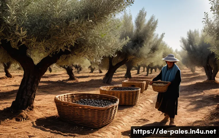 팔레스타인 올리브유 생산 과정 - A serene early morning scene in a Palestinian olive grove, with mature olive trees laden with ripe o...