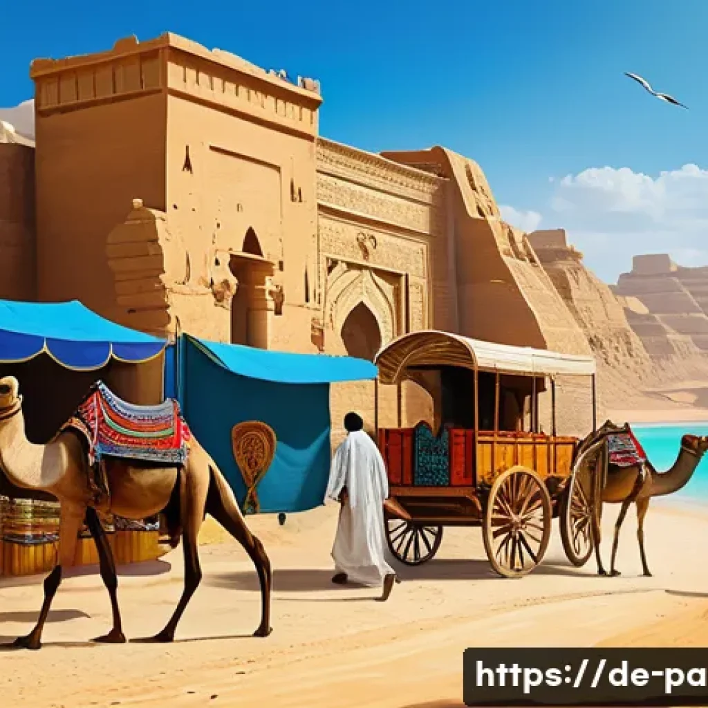 팔레스타인과 이집트의 역사적 연대 - A bustling ancient trade caravan traveling along a desert route between Egypt and Palestine, featuri...