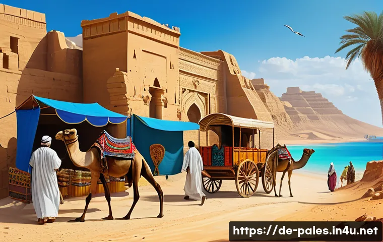 팔레스타인과 이집트의 역사적 연대 - A bustling ancient trade caravan traveling along a desert route between Egypt and Palestine, featuri...