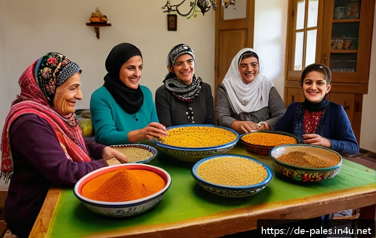 팔레스타인의 주요 기념일 - A vibrant Palestinian family gathering preparing traditional festive dishes in a warmly lit kitchen,...