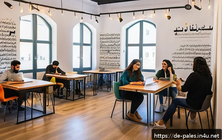 팔레스타인에서의 스타트업 문화 - A vibrant coworking space in Ramallah filled with young Palestinian entrepreneurs collaborating on t...