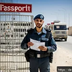 팔레스타인 관광 시 주의사항 - A respectful traveler at a Palestinian checkpoint, calmly showing passport and documents to uniforme...