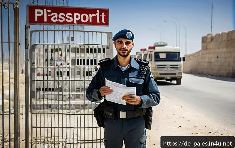 팔레스타인 관광 시 주의사항 - A respectful traveler at a Palestinian checkpoint, calmly showing passport and documents to uniforme...