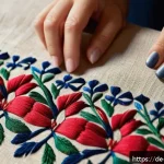 팔레스타인 전통 자수 예술 - A detailed close-up of traditional Palestinian embroidery showcasing dense floral patterns typical o...