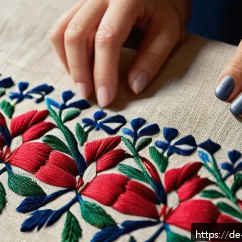 팔레스타인 전통 자수 예술 - A detailed close-up of traditional Palestinian embroidery showcasing dense floral patterns typical o...