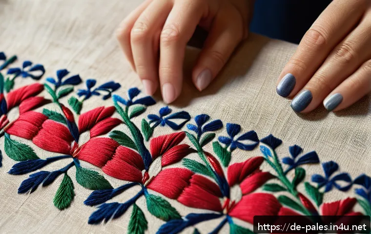 팔레스타인 전통 자수 예술 - A detailed close-up of traditional Palestinian embroidery showcasing dense floral patterns typical o...