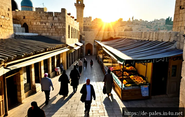 팔레스타인의 주요 종교 - Photorealistic wide-angle view of Jerusalem’s Old City at warm sunrise, a historic mosque dome and s...